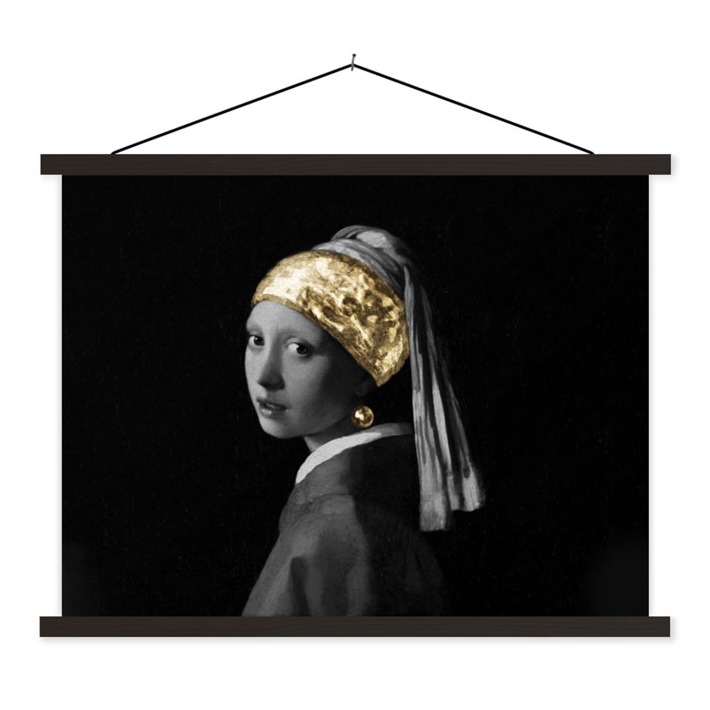 MuchoWow Textilposter Mädchen mit Perlenohrring - Vermeer - Stirnband - Gold 150x113 cm mit schwarzem Rahmen - Wohnzimmer