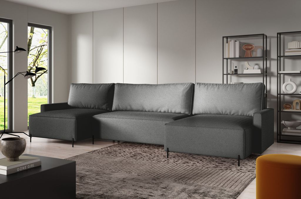 Ecksofas in U-Form ANTONIO EVER U 372x148cm, Wohnlandschaft mit Schlaffunktion & Bettkästen, Eckarniutur / Couch in Bouclé-Stoff Dunkelgrau