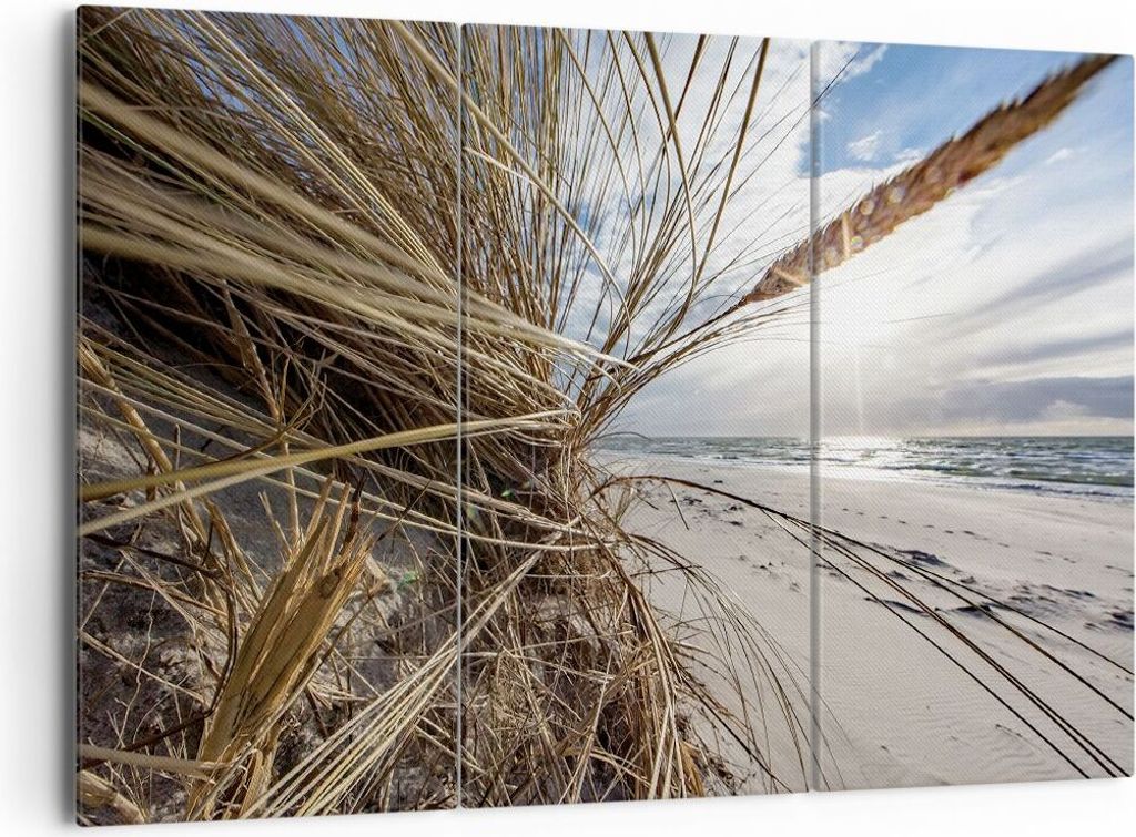 Bild auf Leinwand - Leinwandbild - 3 Teile - Küste Perspektive Gras - 165x110cm - Wand Bild - Wanddeko - Wandbilder - Leinwanddruck - Bilder - Wan...