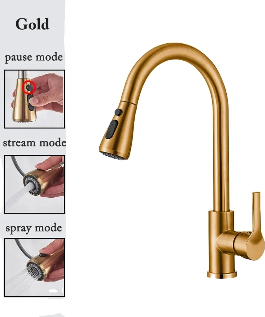 Rubinetto da cucina, comando a doppia maniglia, materiale acciaio inox, cf04043-GOLD