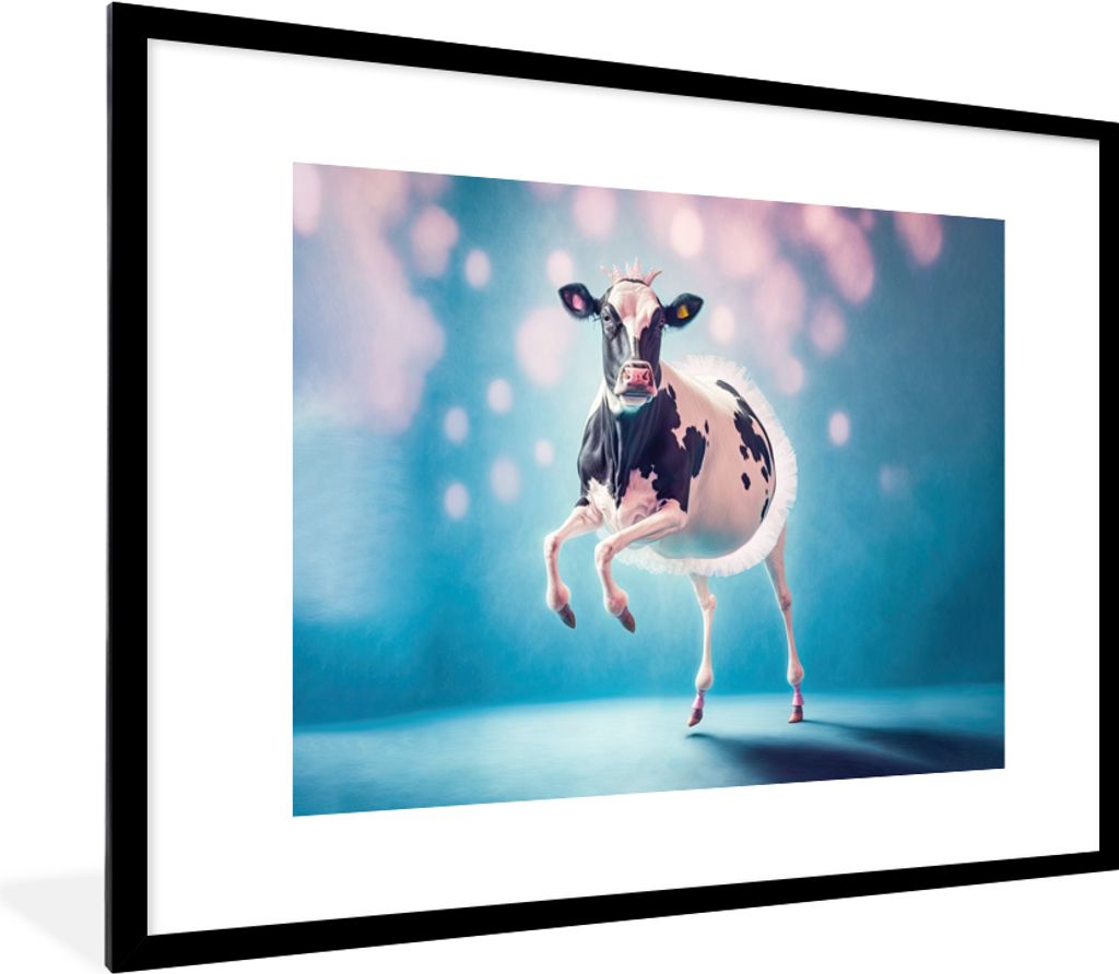 MuchoWow Gerahmtes Poster Kuh - Krone - Ballett - Blau - Rosa 80x60 cm - Poster mit Schwarzem Bilderrahmen Wandposter Rahmen Foto Bilder - Schlaf...