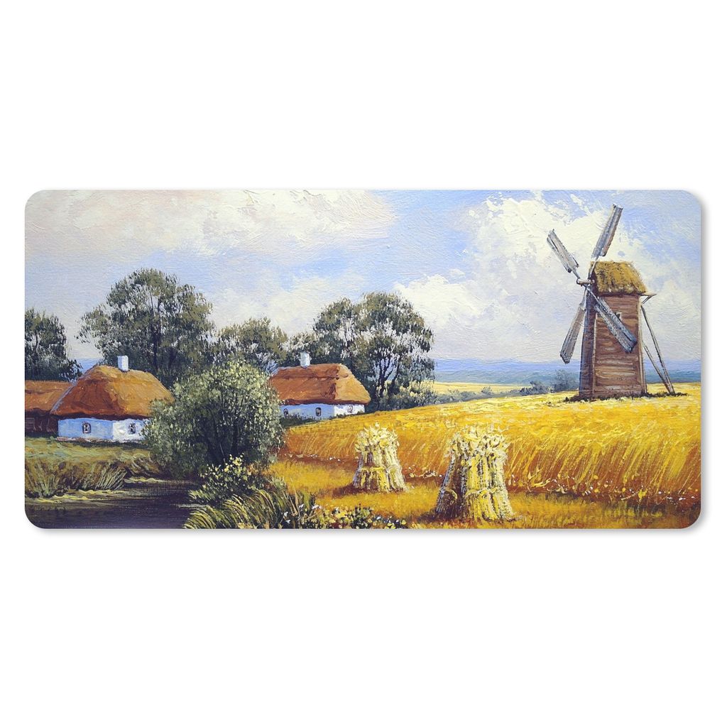 MuchoWow Schreibtischunterlage Gemälde - Bauernhof - Mühle - Ölfarbe 80x40 cm - XXL Mauspad - Gaming Mauspad