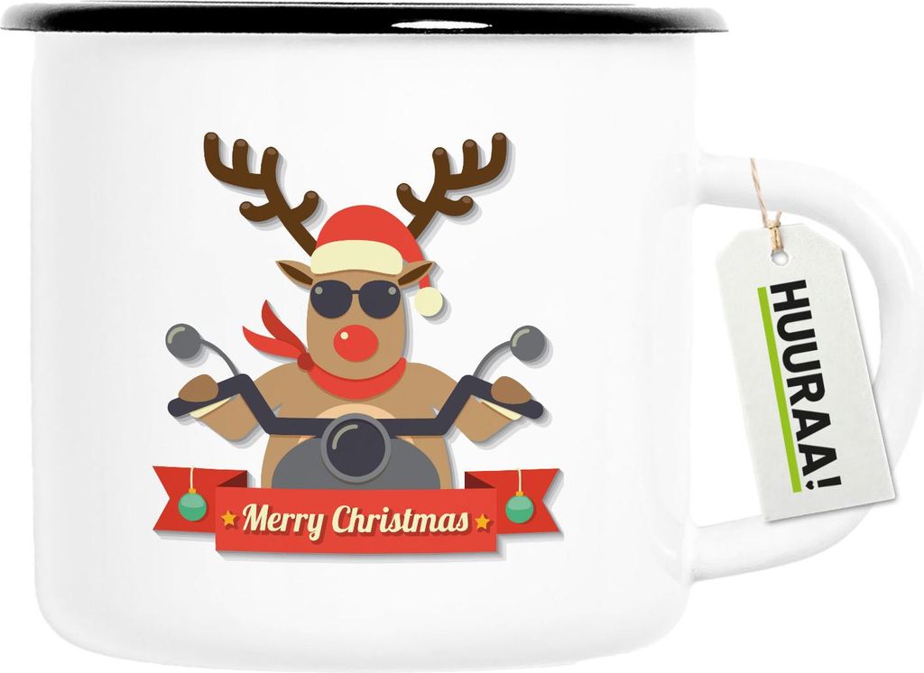 Huuraa Emaille Tasse Cooles Rentier Rudolph 300ml Vintage Campingbecher Geschenkidee