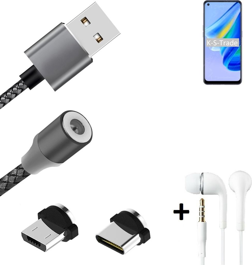 K-S-Trade Hochwertiges Magnet-Lade-kabel Sync-Kabel Daten-Kabel + Kopfhörer kompatibel mit Oppo Reno6 Lite mit USB-Typ-C-Anschluss und