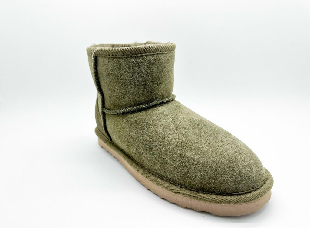 Klassische Damen Stiefeletten aus Schaffell-Leder, Olivgrün, mit Gummi-Laufsohle