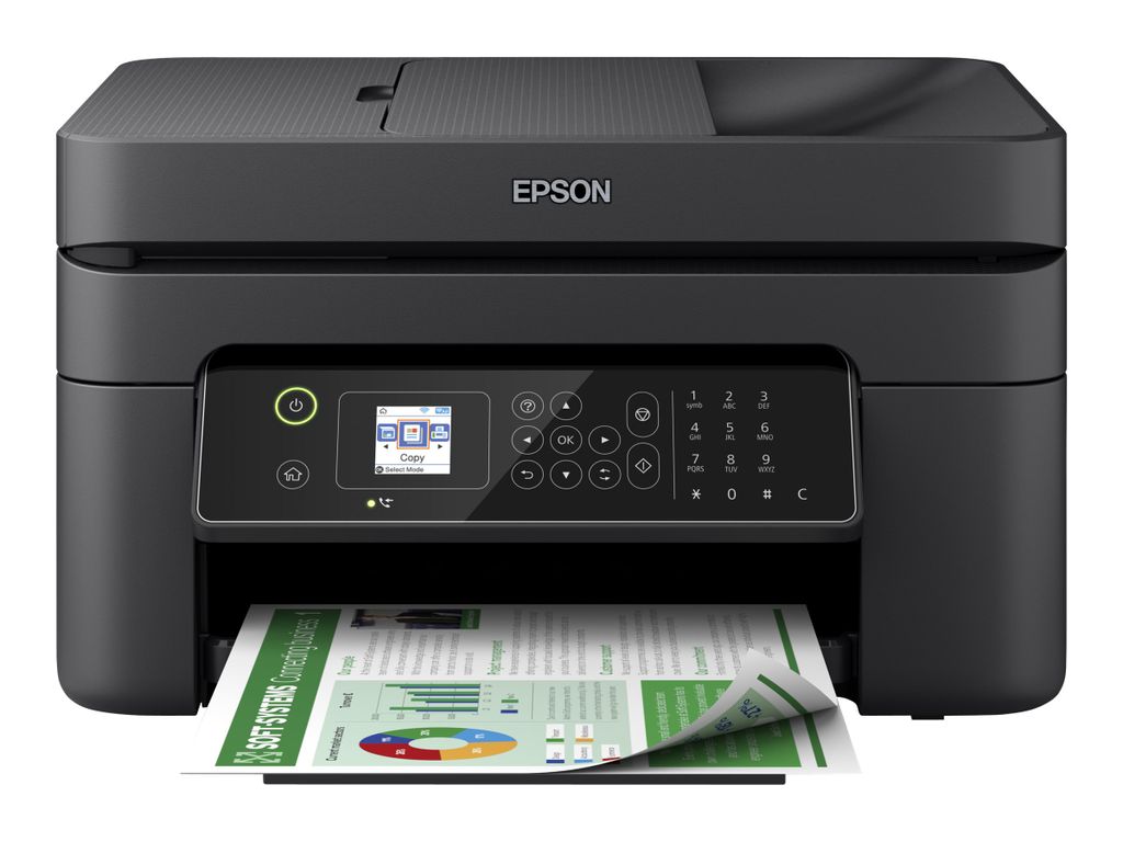 A black Epson WorkForce WF2840DWF printer is shown from the front, printing a document.