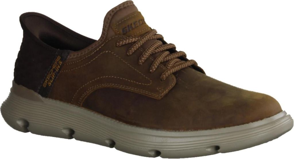 A single brown Skechers sneaker is shown against a white background.