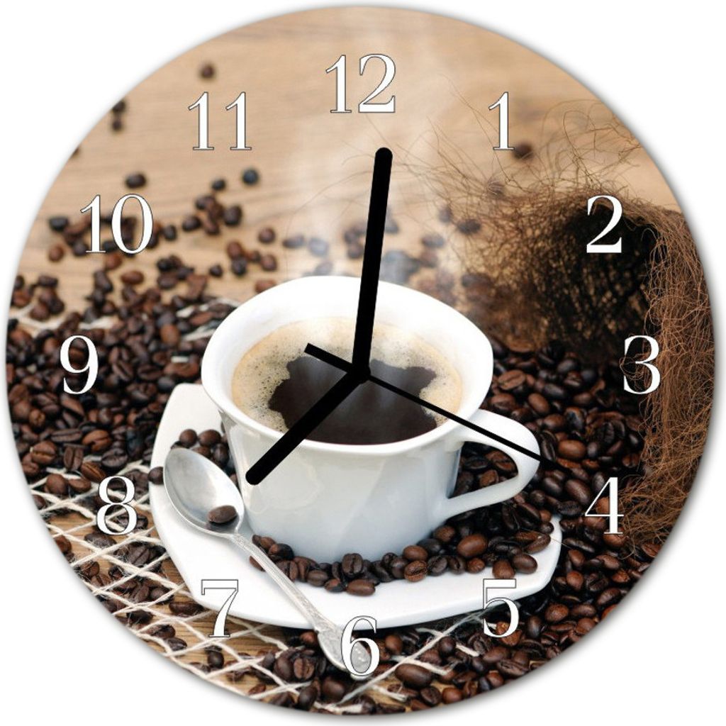 Glasuhr Wanduhr Küchenuhr Echt-Glas 30fi cm Tasse Kaffee braun