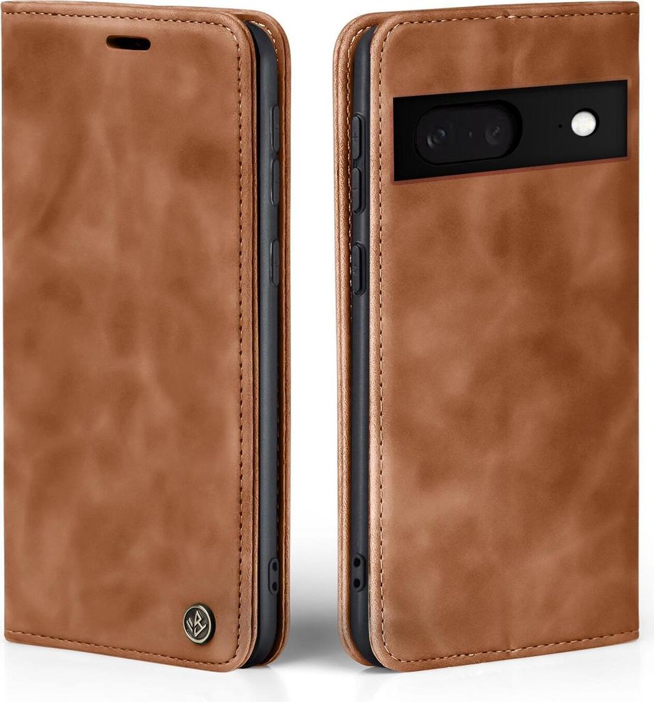 A brown leather flip case for a Google Pixel 8 phone, shown from two angles.