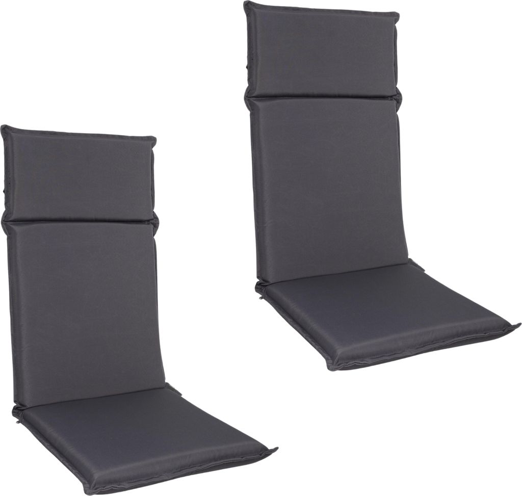 Two dark gray chair cushions are shown against a white background.