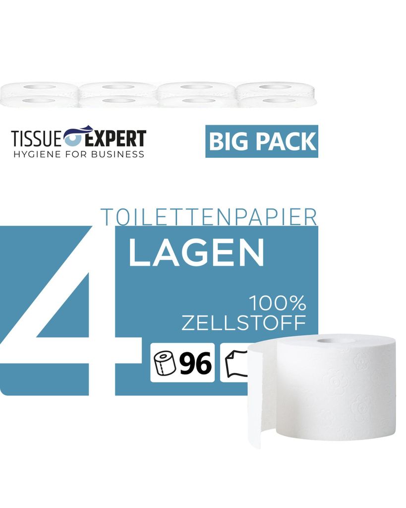 Tissue Expert Toilettenpapier, 4-lagig, 96 Rollen x 150 Blatt, 100% Zellstoff, ideal für Vielverbraucher, Verpackung aus 60% PCR-Anteil