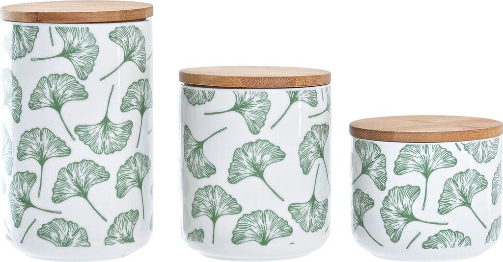 Set mit 3 Kanistern DKD Home Decor natürlich Weiß grün Bambus Steingut Tropical 10 x 10 x 17 cm