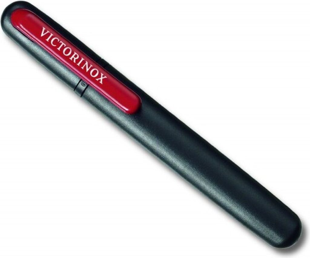 A black and red Victorinox dual-messerschärfer on a white background.