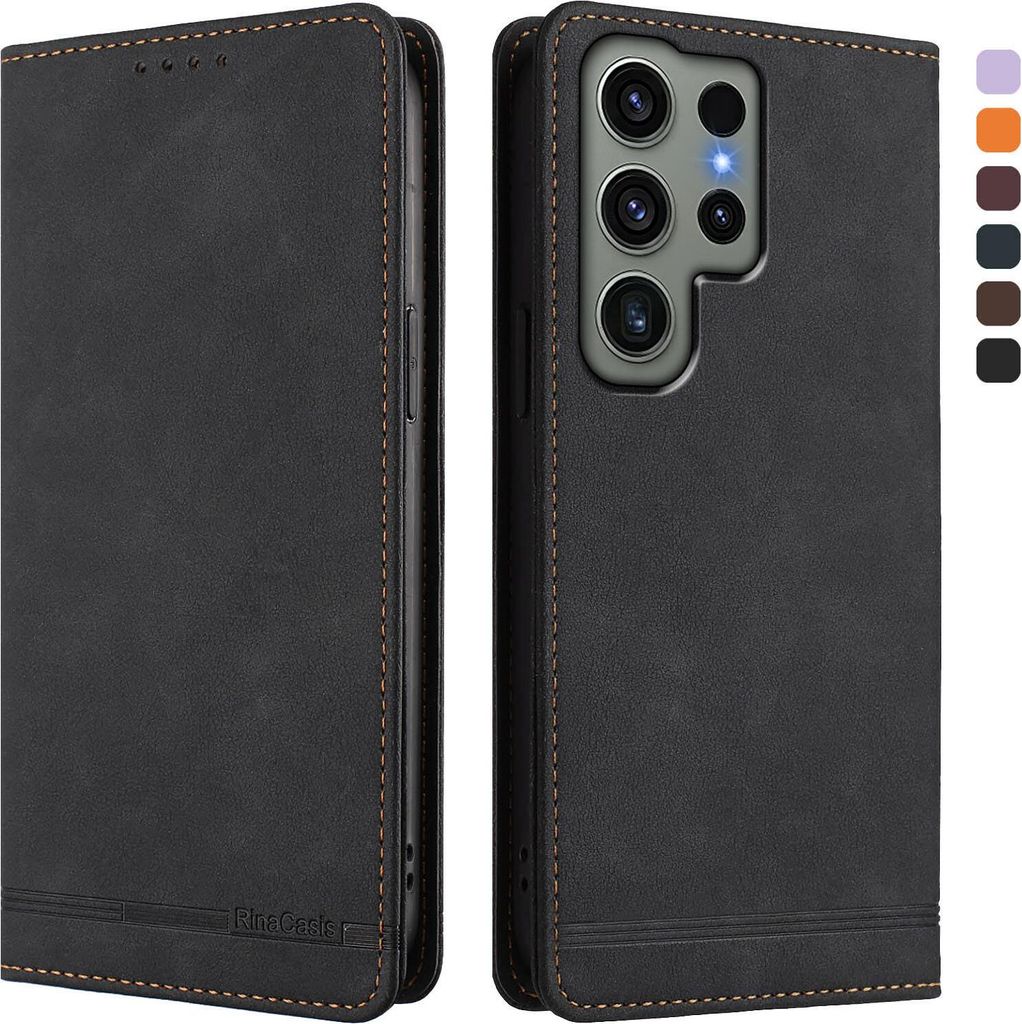 Hülle für Samsung Galaxy S23 Ultra, Retro Kunstleder Ständer Klapphülle mit Kartenfächer und Magnetische Schwarz