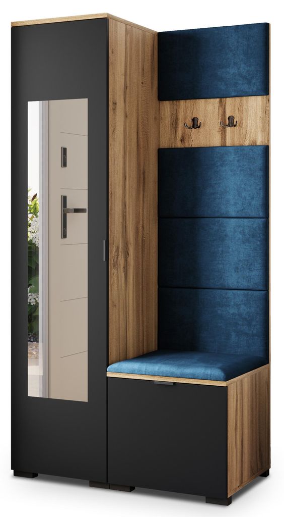 Masseno Garderobe-Set VIRA 95/181/51 cm Modern Garderobenschrank Eiche Wotan, Veloursstoff MONOLITH 77 (Blau)