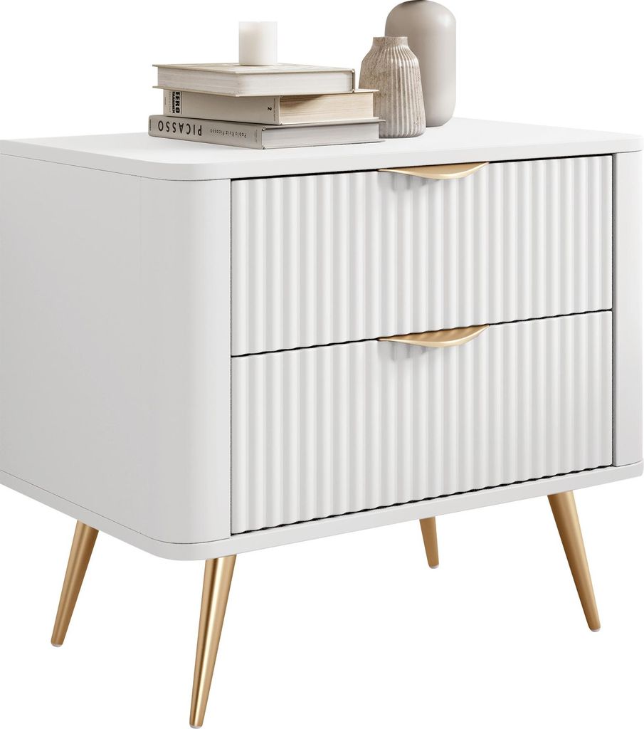 MIRJAN24 Nachttisch Lante, Nachtschrank mit zwei Schubladen, Metallfüße und Aluminiumgriffe (Farbe: Weiß)