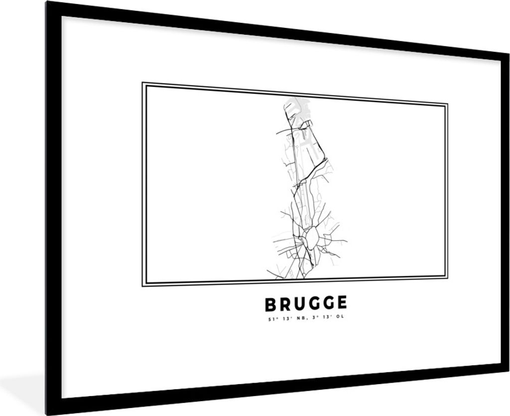 MuchoWow Gerahmtes Poster Stadtplan - Schwarz und weiß - Karte - Brügge - Belgien - Karte 90x60 cm - Poster mit Schwarzem Bilderrahmen Wandpost...