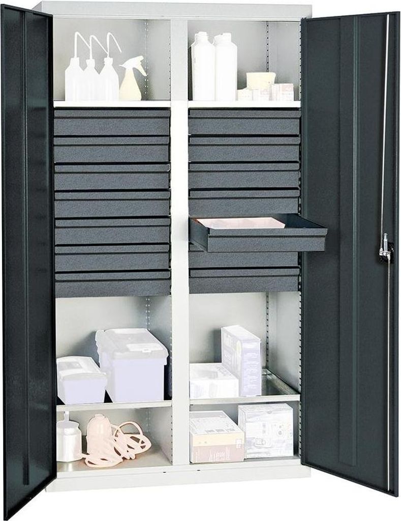 Stumpf Werkzeug- und Materialschrank Serie 3000 lichtgrau / anthrazitgrau + 14 Schublade 100 mm + Mitteltrennwand + 4 Auszugsböden - 3004471