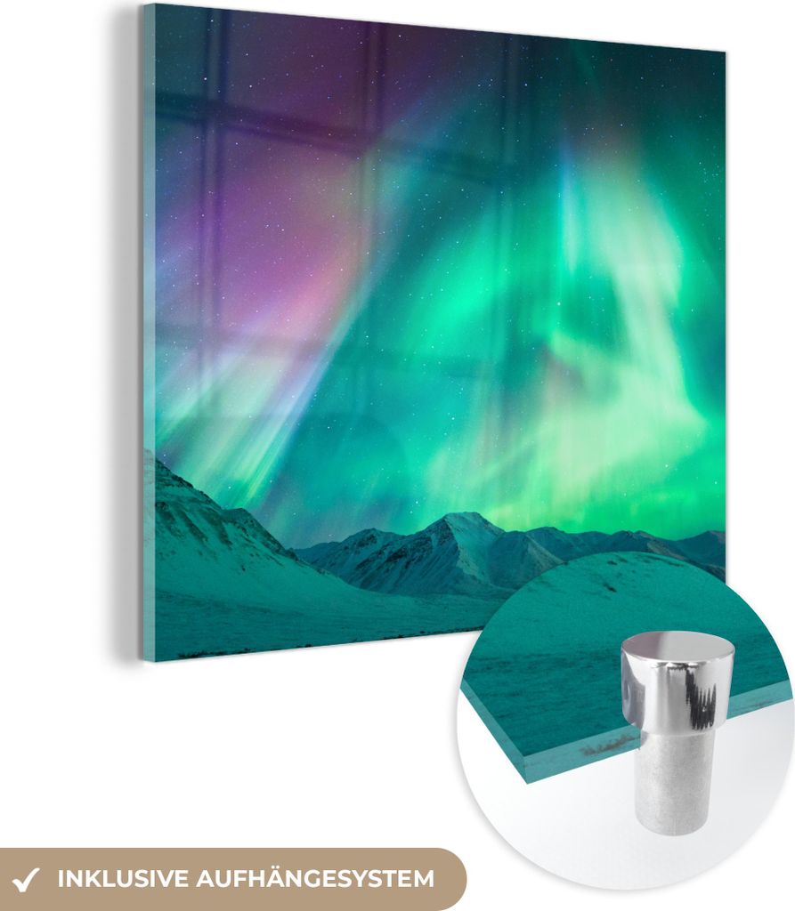MuchoWow Glasbilder - Bilder auf Wandbild - Foto auf Glas Nordlichter - Berg - Nacht 90x90 cm Wanddekoration aus Glas - Acrylglasbild - Acrylbilder...