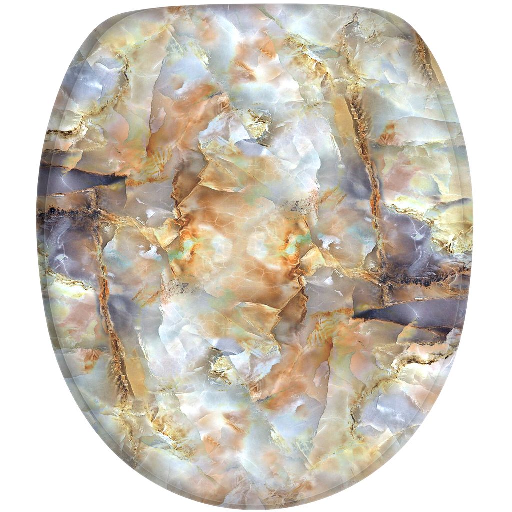 A top-down view of a toilet seat with a marble-like pattern.