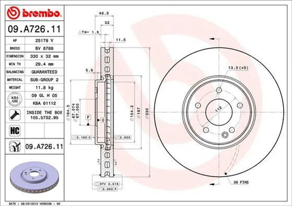 Brembo 09.A726.11 Disque de Frein OE 5135475AA pour Mercedes Classe E