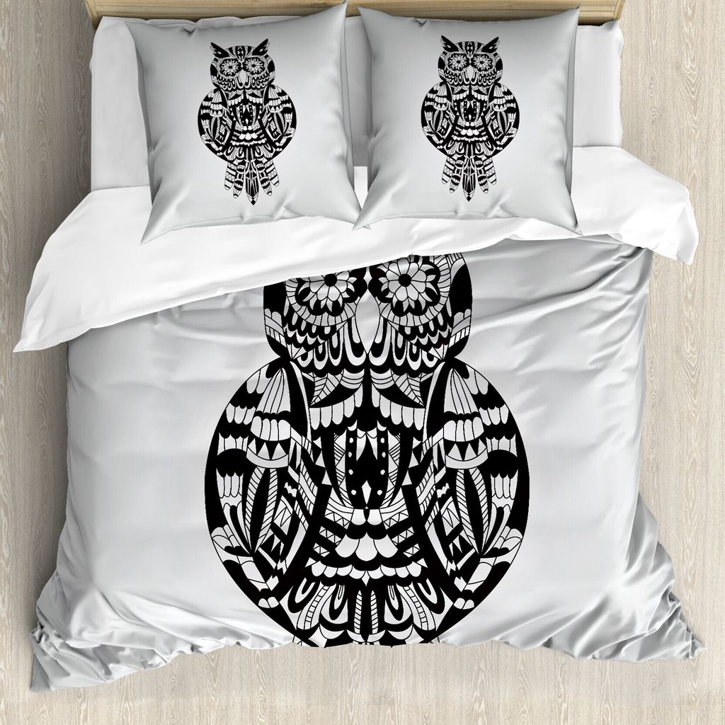 ABAKUHAUS Eule Drucken Bettbezug Set für Einzelbetten, Zentangle Grafik Vogel, Milbensicher Allergiker geeignet mit Kissenbezug, 200 cm x 200 cm -...