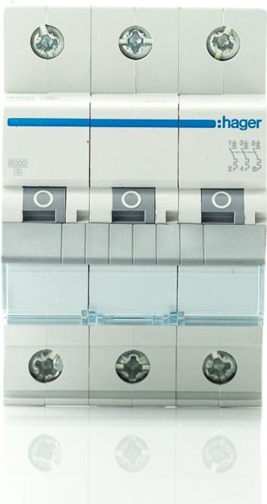 A close-up, front-facing studio shot of a three-pole circuit breaker.