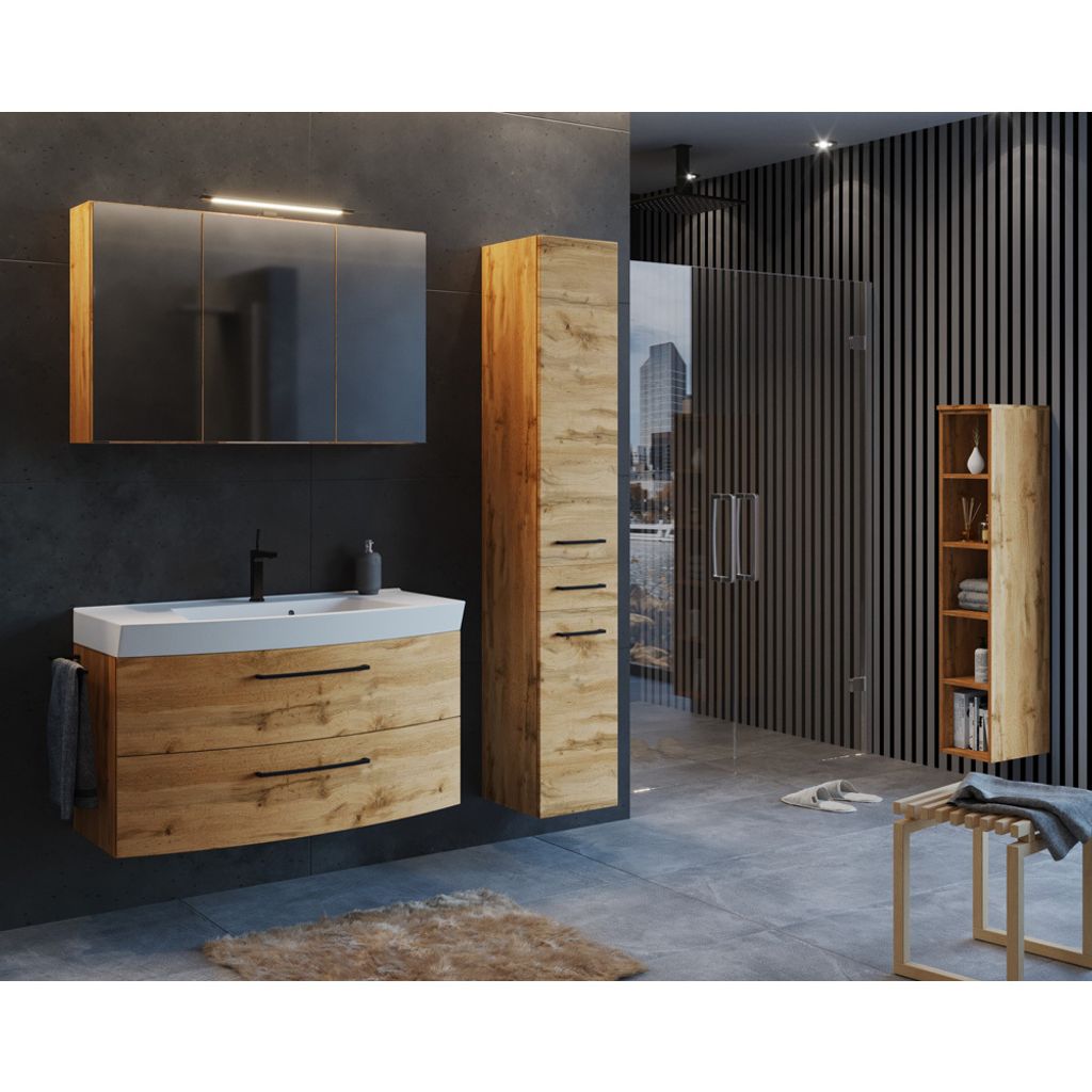 Badezimmer Set Industrial Style 100 cm Waschtisch und Hochschrank MORISSON-03 in Wotan Eiche Nb. inkl. Waschbecken, B/H/T: ca. 215/200/50 cm
