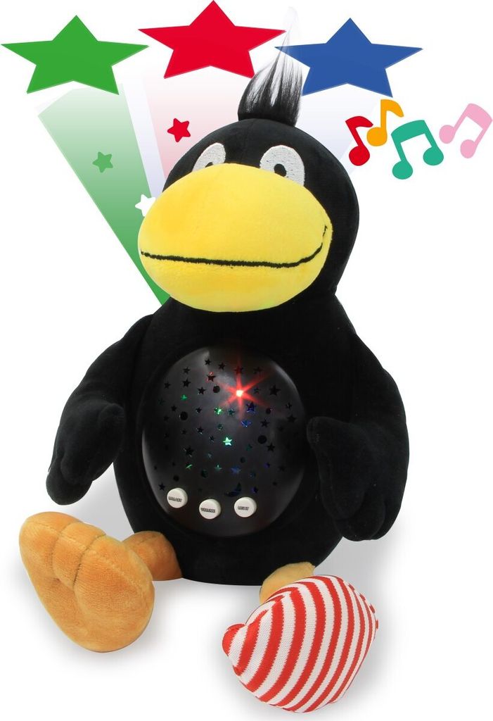 A plush toy raven with a star projector on its chest, surrounded by colorful stars and musical notes.