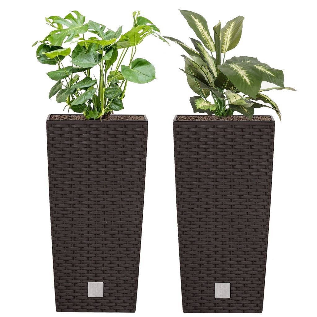 Set 2 Stücke Blumenkübel 35 L Rattan-Optik Umbra hohe Pflanzkübeln H 55 cm mit Innenkasten 14 L quadratisch Übertopf aus Kunststoff