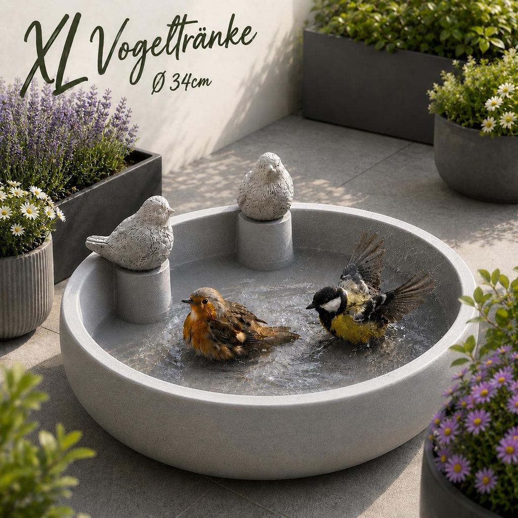 XL Vogeltränke mit Deko-Vögeln Ø34 cm – Vogelbad & Produktbild 