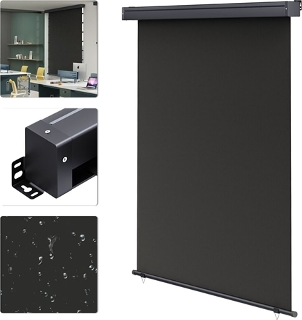 Collage of images showing a balcony screen, its mounting bracket, and a close-up of water droplets on a dark surface.