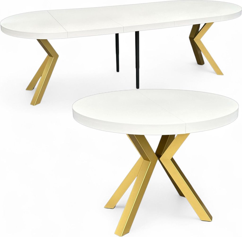 Großer runder Esstisch Weiß (Ø110/310 cm) Ausziehbar mit Goldenen X-Metallbeinen