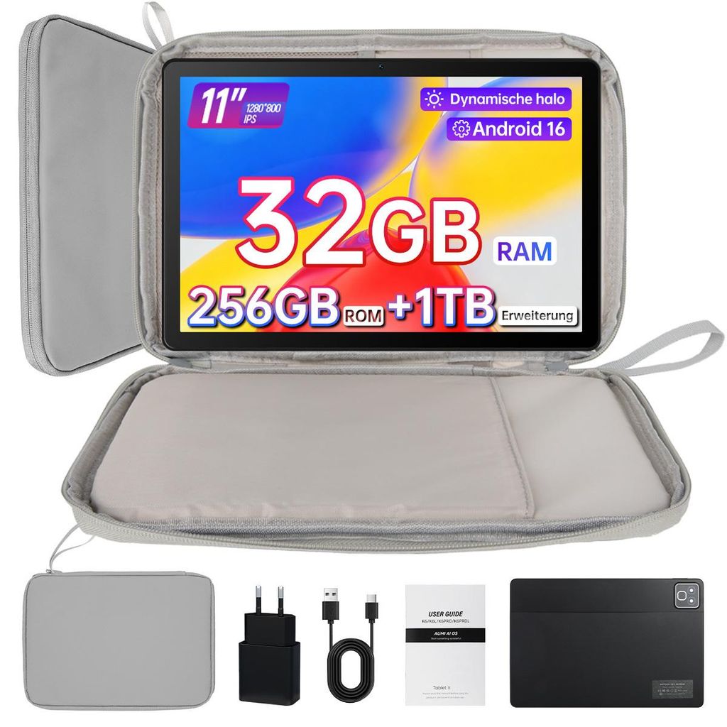 Tablet 11 Zoll, 32(3+29)GB RAM, 256 GB ROM, 7800 mAh, HD 1280x800, Widevine L1, WiFi 6, Android 16, mit Tasche
