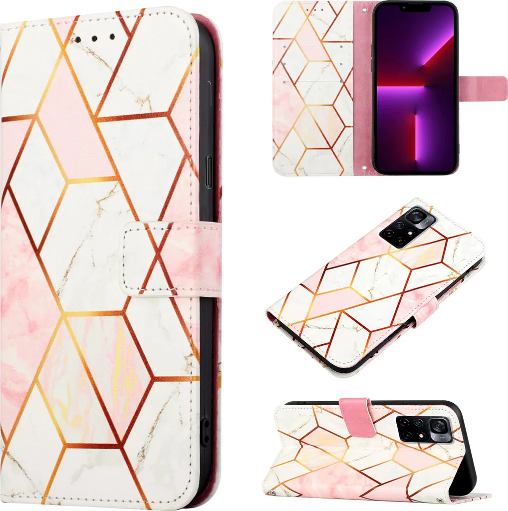 Xiaomi Poco X4 NFC Case, Custodia in Finto cuoio con motivo a marmi, tasche per carte, Stand Case per Xiaomi Poco X4 NFC Rose Gold