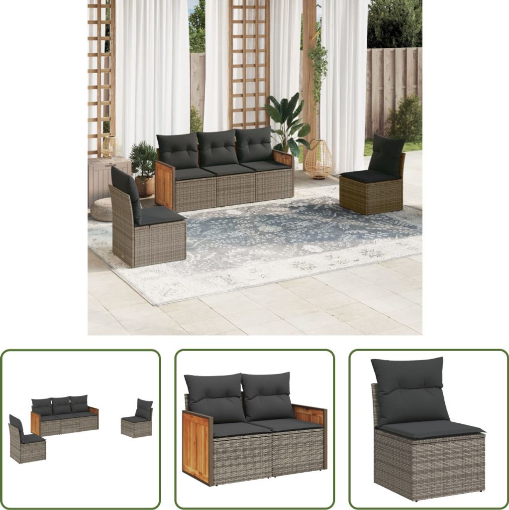 The Living Store 5-tlg. Garten-Sofagarnitur mit Kissen Grau Poly Rattan