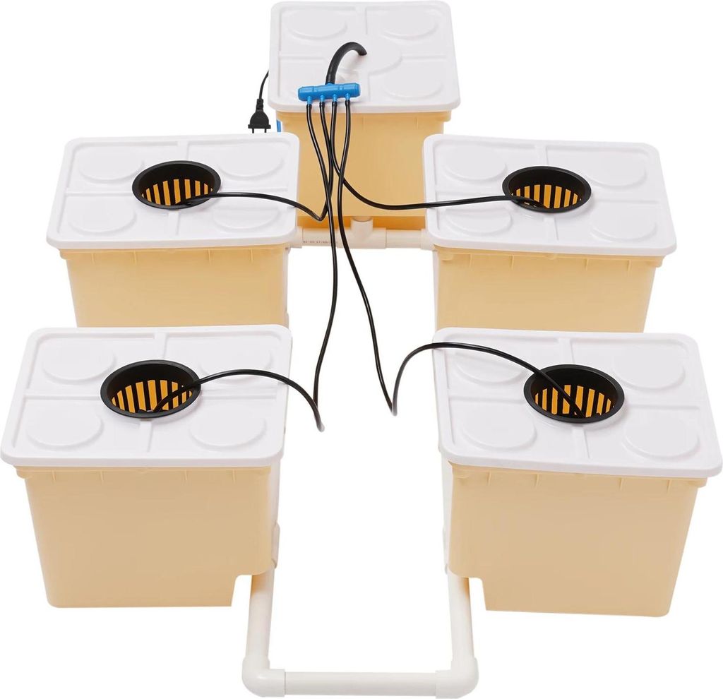 Hydroponik System - 4-Eimer Set - 11 L pro Eimer - Pumpe 4 W 220–240 V 50 Hz - Durchfluss 300 L/h - Förderhöhe 60 cm - IPX8 - Weiß