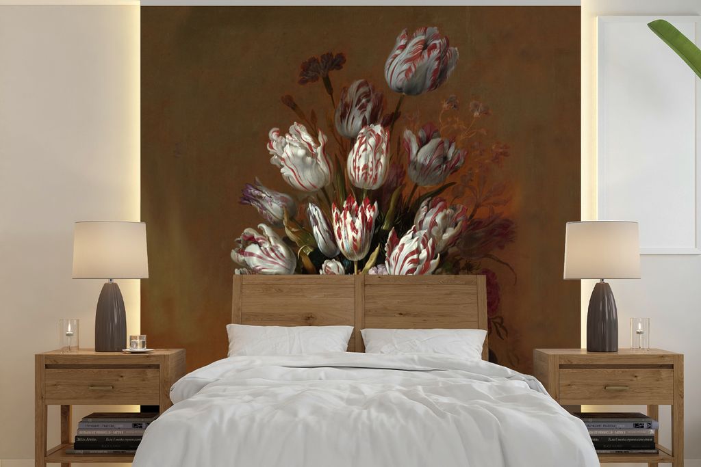 MuchoWow Fototapete für Wohnzimmer oder Schlafzimmer Wandtapete Vinyl Motivtapete Stilleben mit Blumen - Gemälde von Hans Bollongier - 240x240 ...