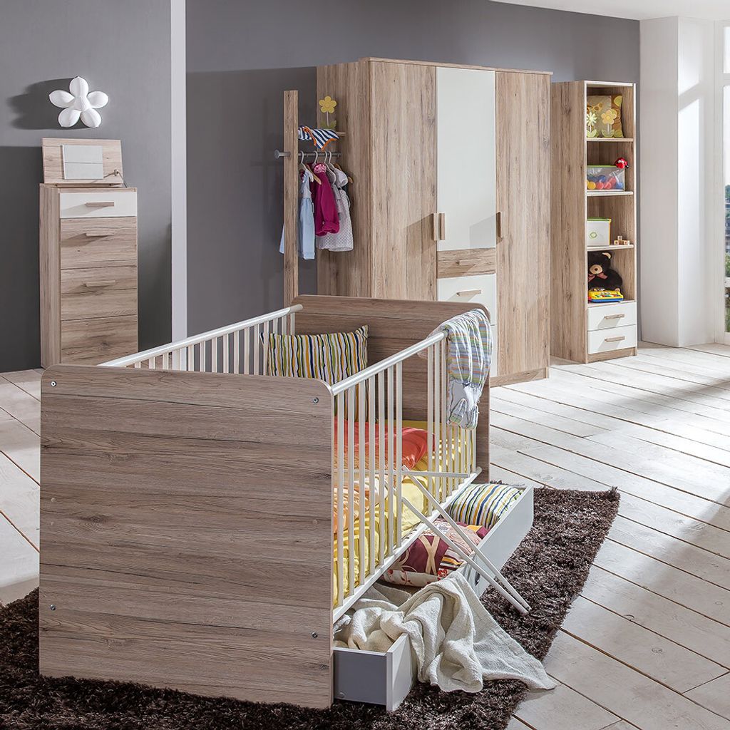 Babyzimmer Set 7-teilig in Eiche mit weiß CANTON-43 mit Gitterbett