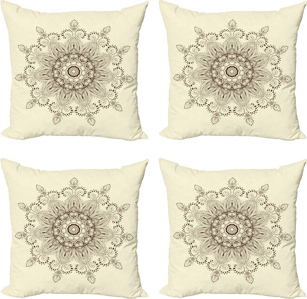 ABAKUHAUS Lotus Kissenbezug Set (4 Stück), Oriental Spitze Motiv Muster, Moderner Doppelseitiger Digitaldruck, 40 cm x 40 cm, Seal Braun Creme