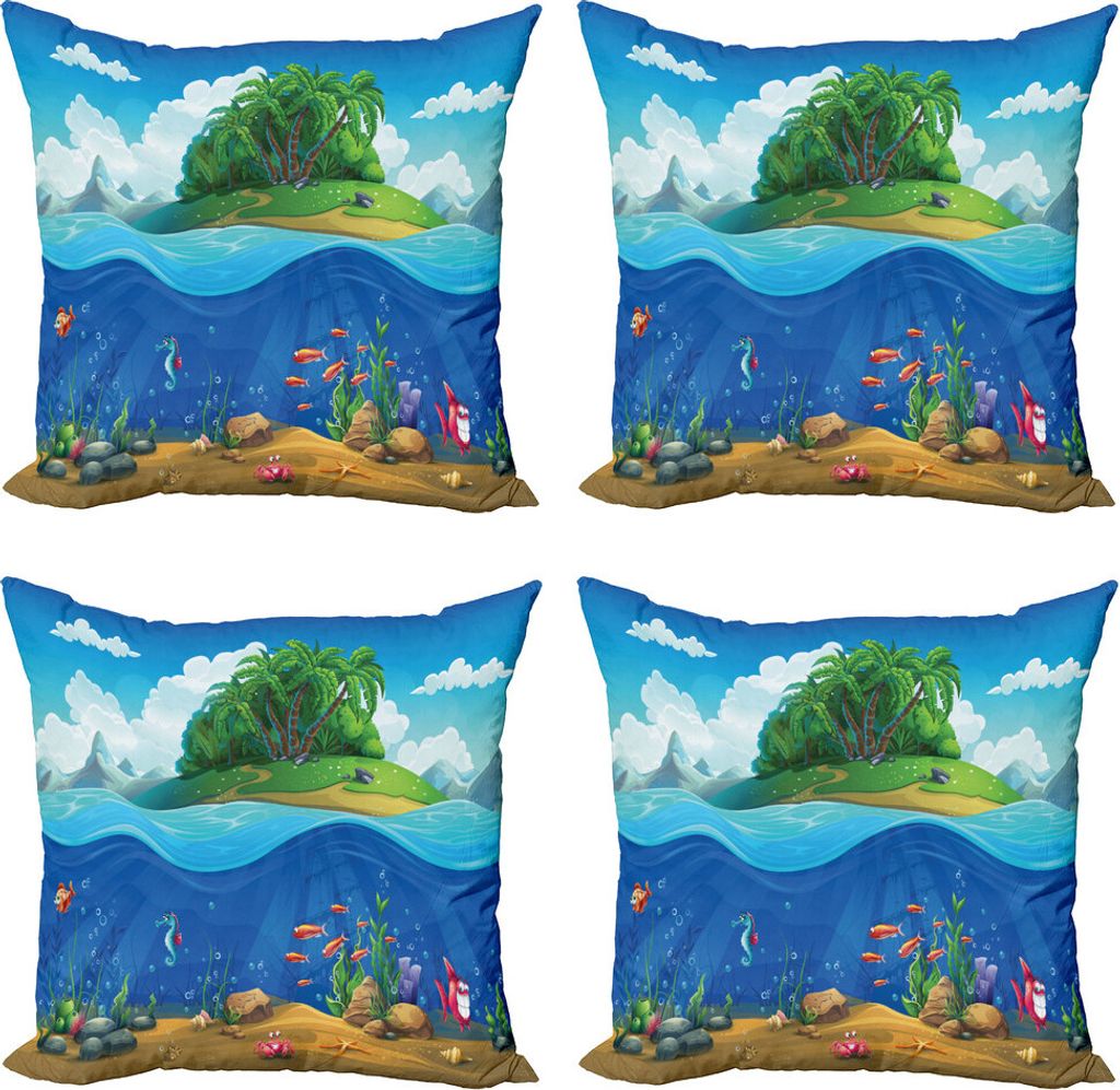 ABAKUHAUS Grafik-Strand Kissenbezug Set (4 Stück), Cartoon Unterwasser, Moderner Doppelseitiger Digitaldruck, 45 cm x 45 cm, Mehrfarbig