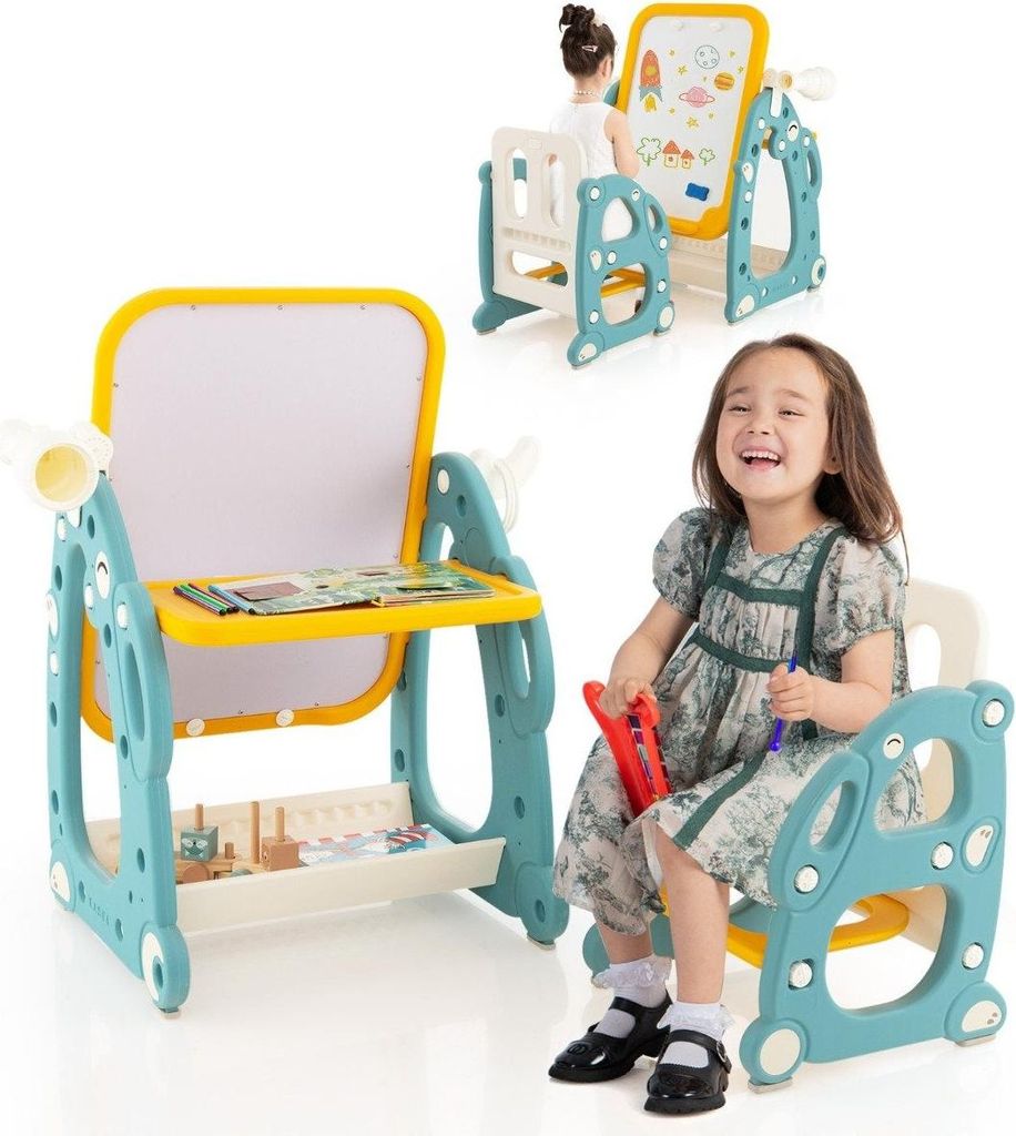 2 in 1 Kinder Staffelei mit 3-stufig Verstellbarem Whiteboard & Malzubehör Blau + Gelb