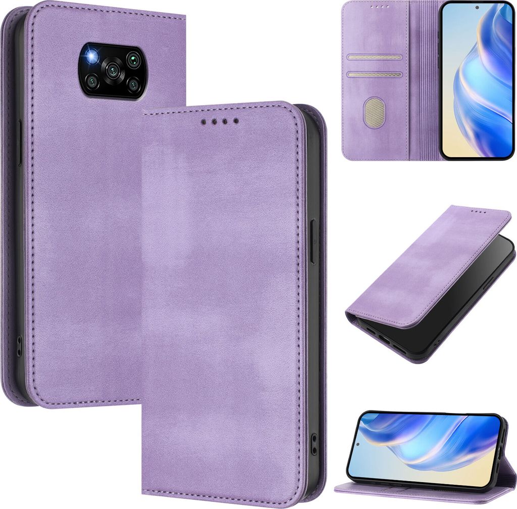 Handyhülle für Xiaomi Poco X3 / X3 NFC / X3 Pro, Vintage Leder RFID Schutz Kartenfach Standfunktion Magnetische Klapphülle Violett