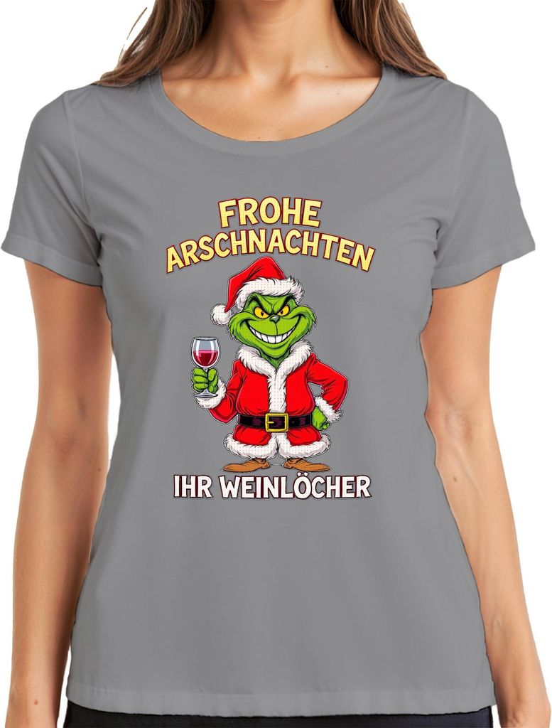 Frohe Arschnachten Weihnachtsgrinch Weinhumor Geschenk Weinparty Damen T-Shirt, Grau, XXL