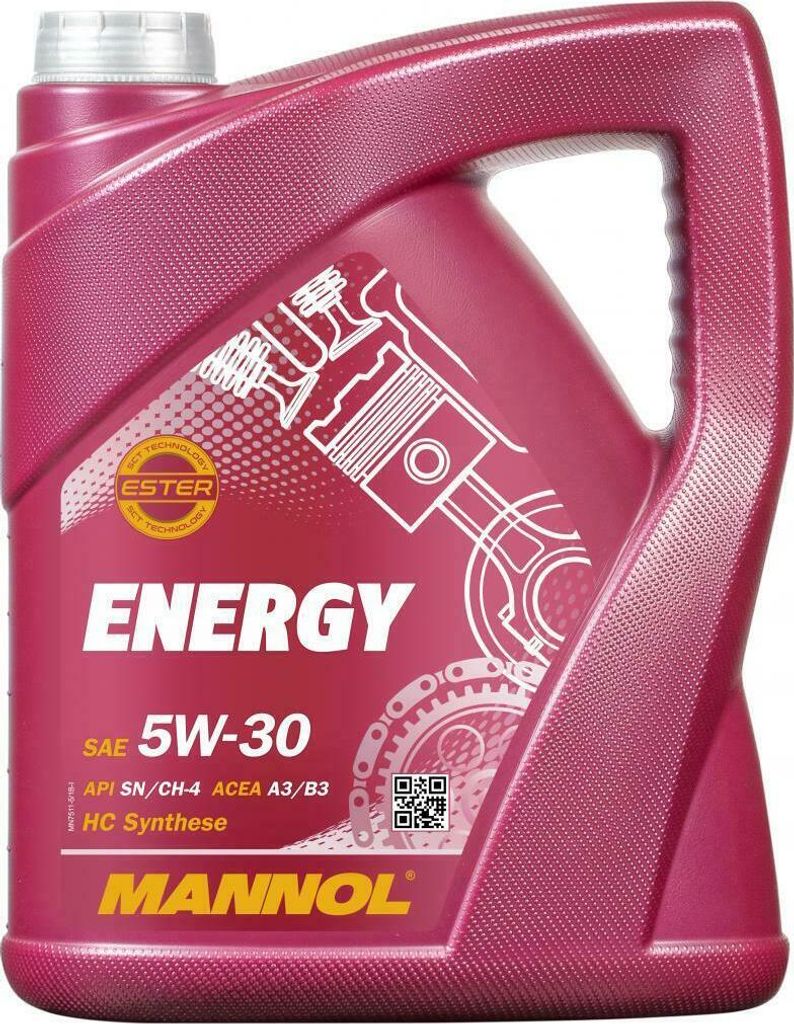 A pink plastic jug of Mannol Energy 5W-30 motor oil.