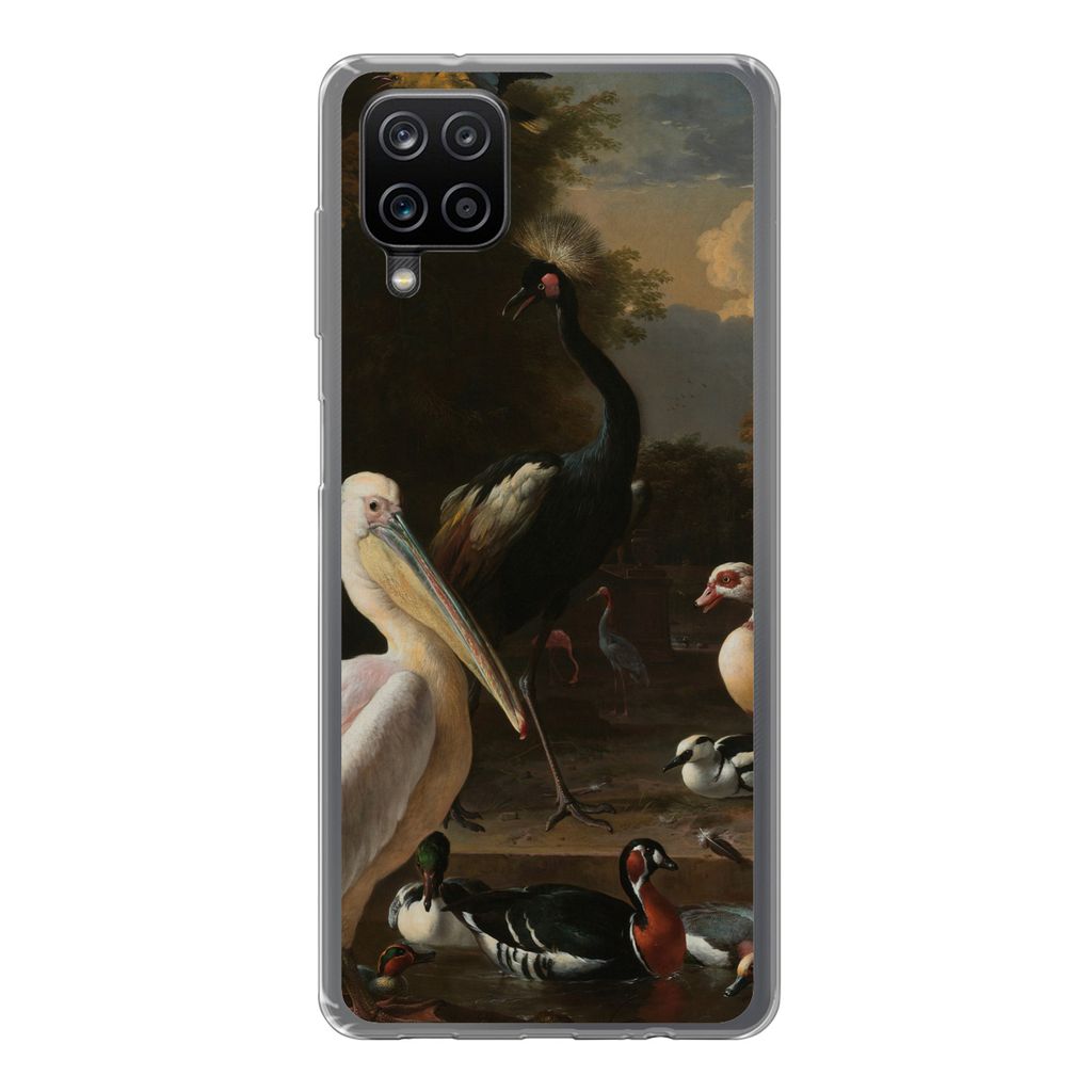 MuchoWow Handyhülle Schutzhülle Hülle für Samsung Galaxy A12 Ein Pelikan und andere Vögel in der Nähe eines Wasserbeckens - Gemälde von Me...
