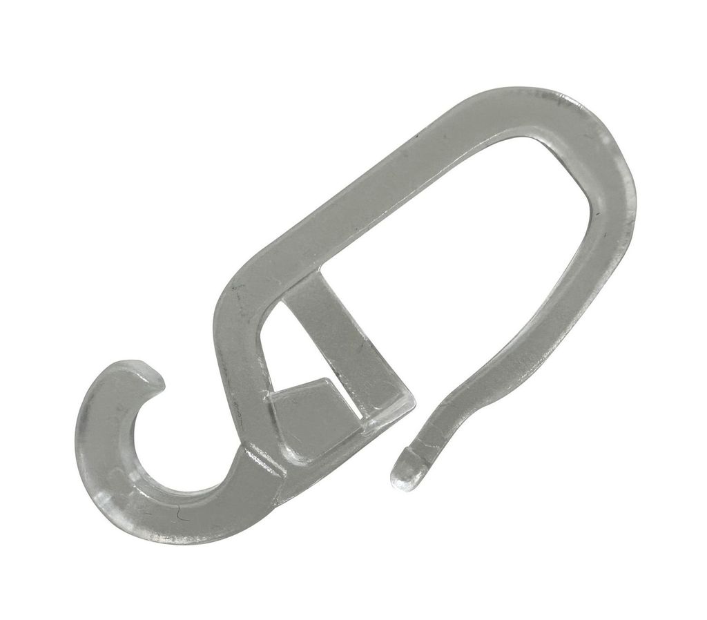 A single transparent plastic curtain hook is shown against a white background.