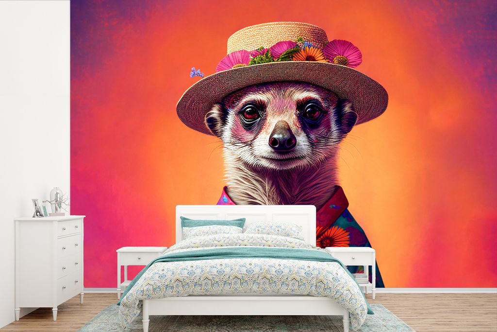 MuchoWow Fototapete für Wohnzimmer oder Schlafzimmer Wandtapete Vinyl Motivtapete Erdmännchen - Blumen - Hut - Tiere - Porträt - 525x350 cm - ...