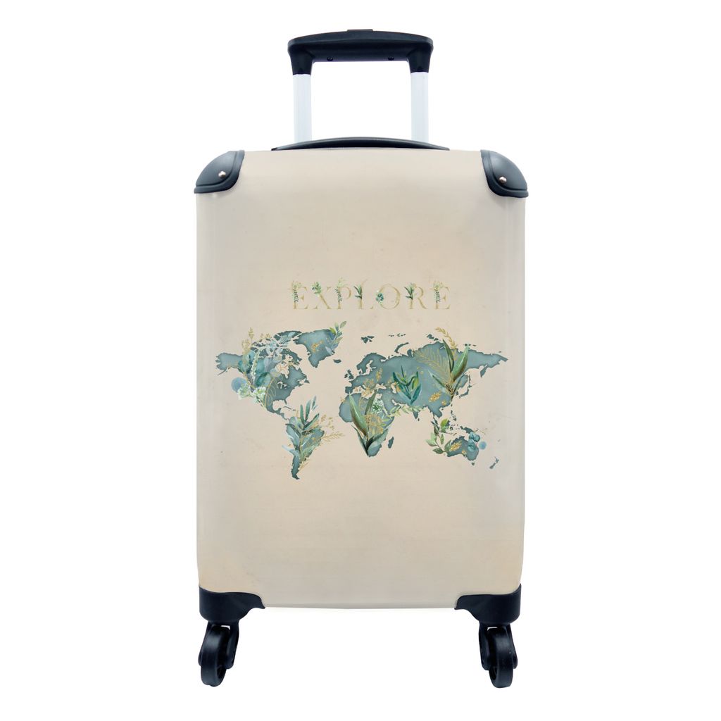 MuchoWow Koffer Handgepäck Trolley Rollkoffer Kleine Reisekoffer mit 4 Rollen - Weltkarte - Türkis - Pflanzen - Cabin Size < 55x40x23 cm & 55x4...