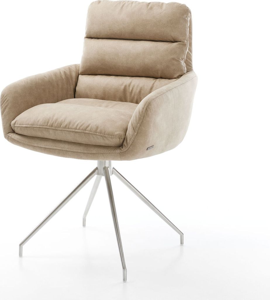 DELIFE Esszimmerstuhl Abelia-Flex mit Armlehnen Mikrofaser Beige Vintage Kreuzgestell konisch Edelstahl